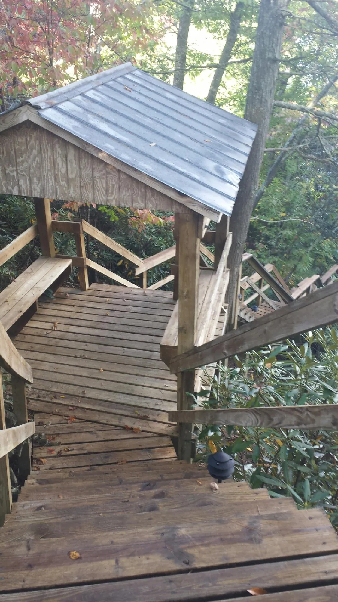 Metal roofed shelter over wooden steps on a wooded walkway — Skylight Repair & Installation work by our crew in Cobalt